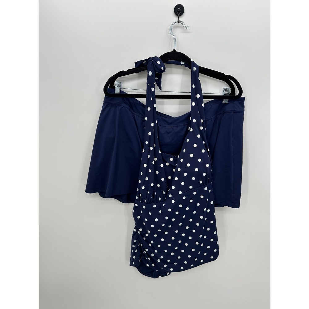 Lands End Womens 20W Navy Blue Polka Dot Halter Tankini Top and Swim Skirt Set